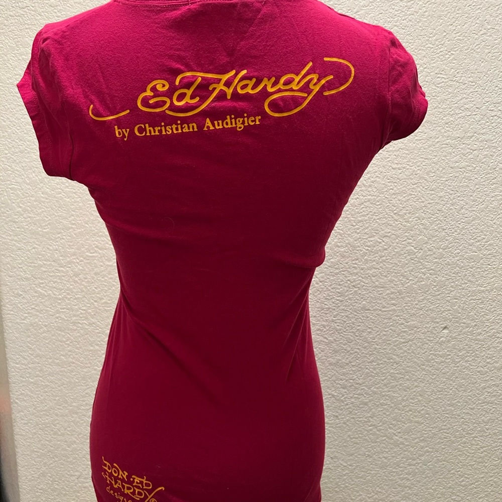Ed Hardy Pink Magenta Skull Rhinestone Graphic Tee Y2K vintage - Picture 4 of 7